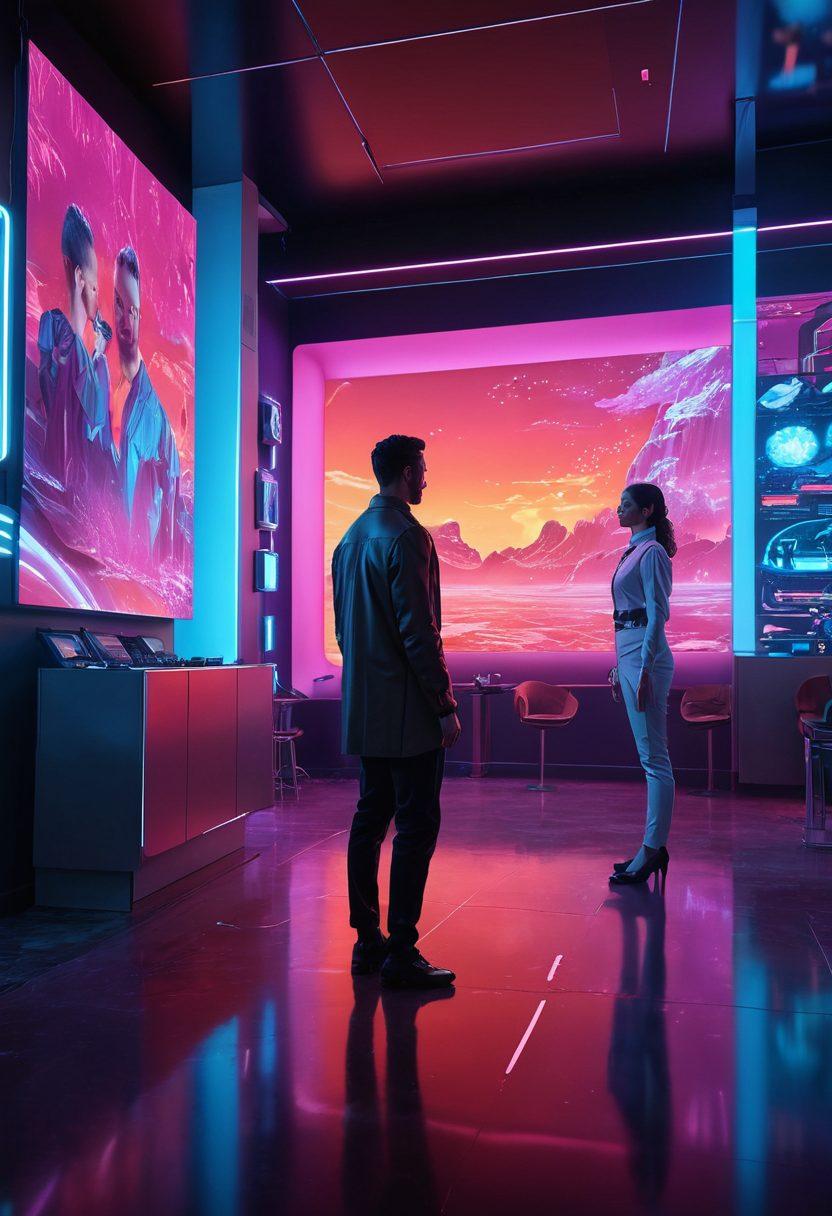 A futuristic film set featuring diverse actors engaging in interactive adult scenes, with holographic interfaces displaying choices and experiences. The background is a colorful, immersive environment with neon lights and digital elements, showcasing a blend of technology and intimacy. Emphasize the themes of exploration and connection. super-realistic. vibrant colors. 3D.